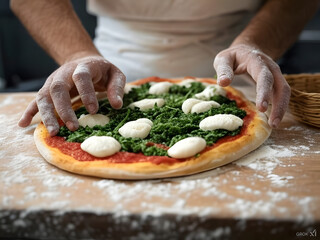 A partially assembled pizza topped with tomato sauce, fresh spinach, and small portions of mozzarella cheese. Flour-dusted hands carefully arrange the toppings, capturing the hands-on process of creat