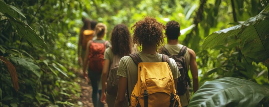 Group of diverse young adults hiking in lush tropical jungle with backpacks