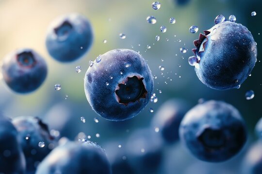fresh blueberries descending in the air alone