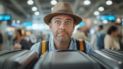 Frustrated airline passenger dealing with lost luggage. Featuring a chaotic baggage claim area