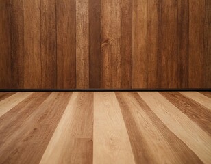 Naklejka premium Warm wooden interior showcasing a rich blend of light and dark tones in flooring and wall panels.