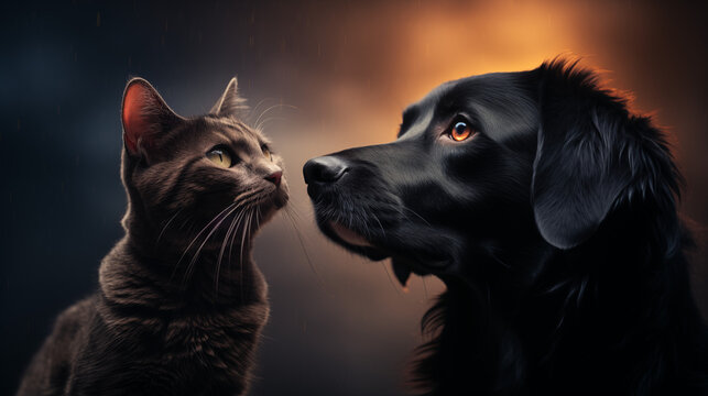 Photo d'un chat et d'un chien de couleur sombres sur un fond sombre avec lueur de lumi&egrave;re derri&egrave;re. Silhouette. Animal, animaux domestiques, de compagnie. Pour conception et cr&eacute;ation graphique.