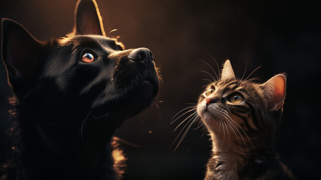 Photo d'un chat et d'un chien de couleur sombres sur un fond sombre avec lueur de lumi&egrave;re derri&egrave;re. Silhouette. Animal, animaux domestiques, de compagnie. Pour conception et cr&eacute;ation graphique.