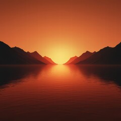 Fototapeta premium A serene sunset casts warm hues over tranquil waters, with silhouettes of mountains framing the horizon.