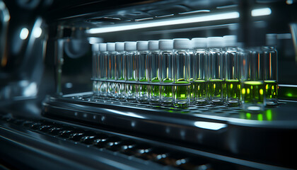 Scientific laboratory equipment with rows of glass vials in controlled refrigeration