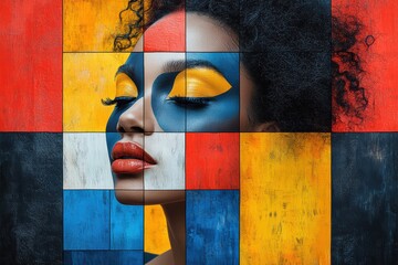 Colorful graphic layout featuring a woman with artistic face paint and bold geometric design