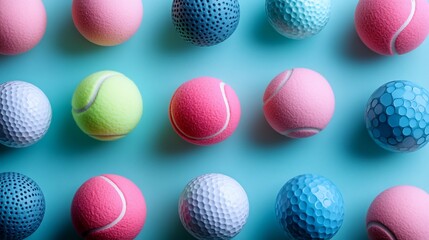 Fototapeta premium Colorful arrangement of various sports balls on a vibrant blue background, showcasing texture and design