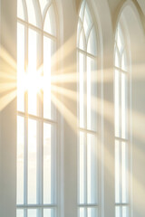 A ray of sunlight shines through the glass of a tall retro window. High windows with arches, traditional style, cultural heritage architecture.