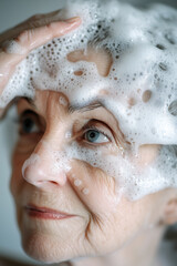 Naklejka premium Senior woman is washing her hair with shampoo and conditioner at boothroom at home. Vertical banner