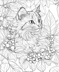 minimalistic adult coloring pages a cat and the berries black and white consistent drawing style no gray scale clear lines