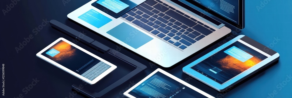 Poster isometric website optimization layouts showcasing responsive designs for various devices
