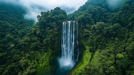 Fototapeta premium Water flows forcefully over a tall cliff into a serene pool below. Surrounded by dense verdant rainforest, this natural wonder invites exploration and peace