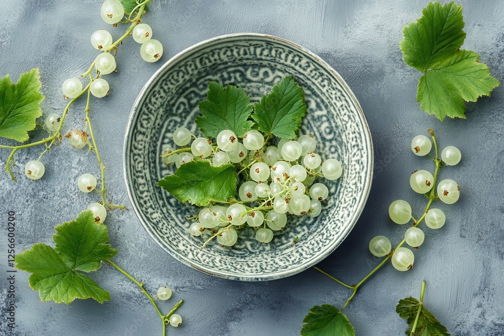 Wall mural Gray bowl with white currant leaves