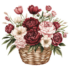 Obraz premium Illustration of a beautiful flower arrangement in a wicker basket with peonies, isolated on a white background. 