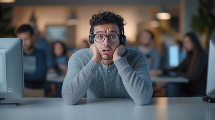 Fototapeta premium Frustrated consumer at a tech support center. Featuring long lines of customers