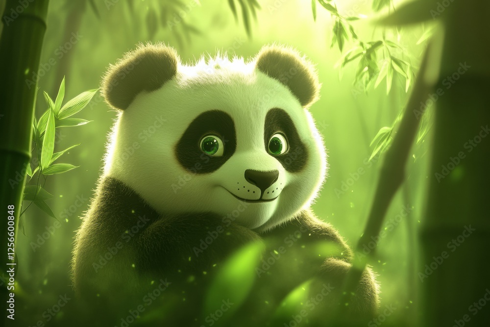 Poster Panda relaxing in a lush bamboo forest with bright green foliage and space for additional text. Generative AI