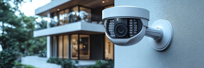 Outdoor surveillance camera installed on modern building facade with night vision features © Oleksandr