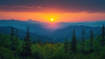 Fototapeta premium A stunning sunset over rolling mountains, showcasing nature's beauty.