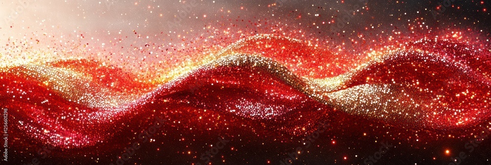 Poster colorful wave design created with red and gold sequins sparkling in vibrant motion and light