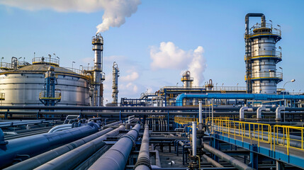 A wide view of a chemical plant, with large tanks and pipes flowing seamlessly, offering a sense of serenity and control amidst the industrial power.