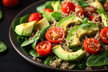 Colorful salad featuring quinoa, avocado, cherry tomatoes, and fresh spinach on a dark surface
