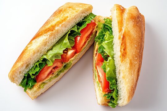 Halved vegetarian sandwich featuring lettuce tomatoes and sauce Aerial view vacant space