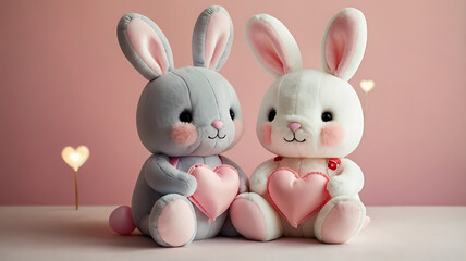 Plush Bunnies with Heart Balloons for Valentine’s Day