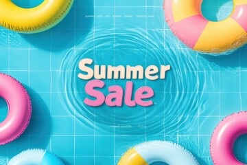 Vibrant summer sale poster and banner template featuring colorful pool floats