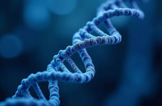 DNA helix rotating on blue background, genetics biology cell. AI Generative