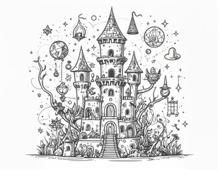 Naklejka premium Whimsical Fantasy Castle Surrounded by Magical Ornaments and Star Decorations