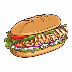 Illustrated Grilled Chicken Sandwich with Fresh Lettuce and Tomato