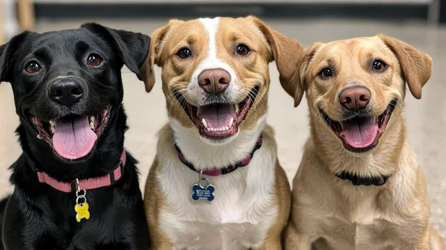 Three Cheerful Dogs: Three adorable dogs, a black lab, a mixed breed, and a yellow lab, sit in a row with beaming smiles, their collars adding a touch of personality.