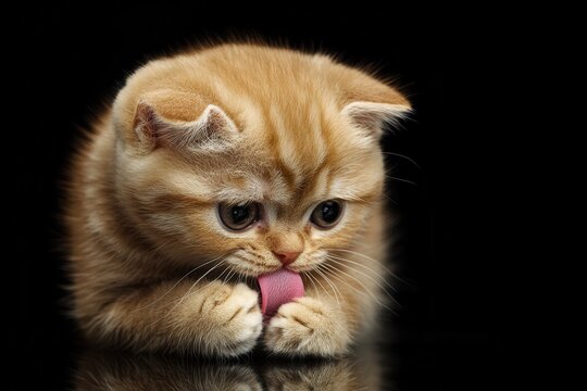 Hungry Scottish Fold with its tongue out