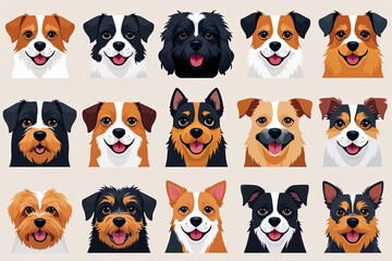 Obraz premium Cheerful Dog Face Icon Set in Whimsical Flat Style Featuring Fun Mixed Breeds