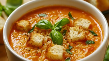 Image of rice and creamy tomato basil soup with croutons in a bowl with a garnish, emphasizing rich and comforting nature. Ideal for light meals and vegetarian options.