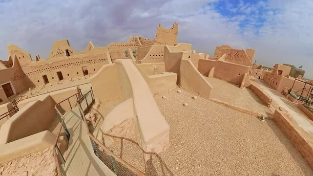 aerial view capturing the expansive layout of Diriyah near Riyadh in Saudi Arabia, showcasing its distinctive mud-brick architecture and rich cultural heritage under a vibrant sky