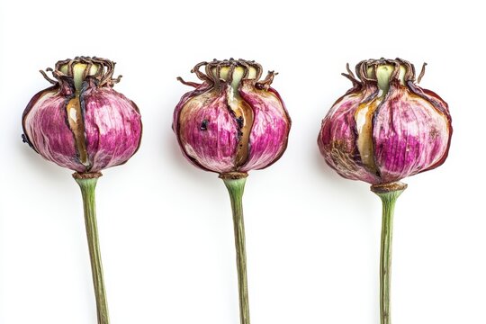 Immature opium poppy capsules Papaver somniferum with latex drops isolated on white