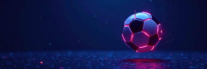 Glowing neon soccer ball suspended in mid-air over a dark blue background, glow, neon