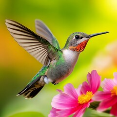 Fototapeta premium Hummingbird Hovering Near Pink Flower In Flight, Green Background