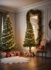 Fir Christmas tree with garland and ribbons in a traditional and elegant room , christmas tree, ribbons