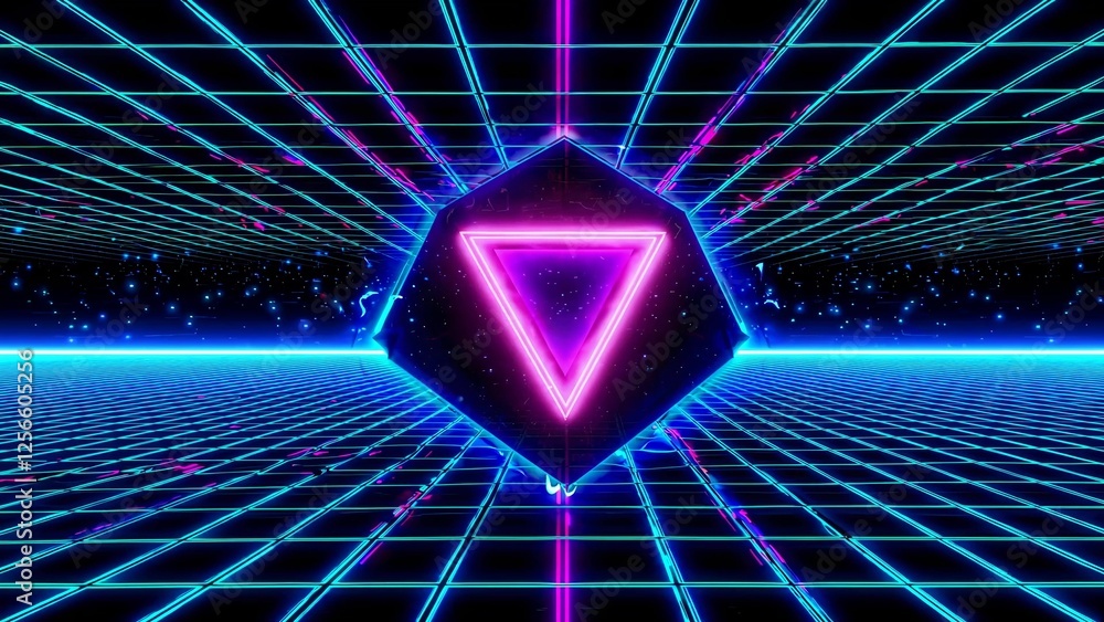 Aufkleber retro futuristic cyberspace grid with glowing neon purple triangle floating in the center, creating 