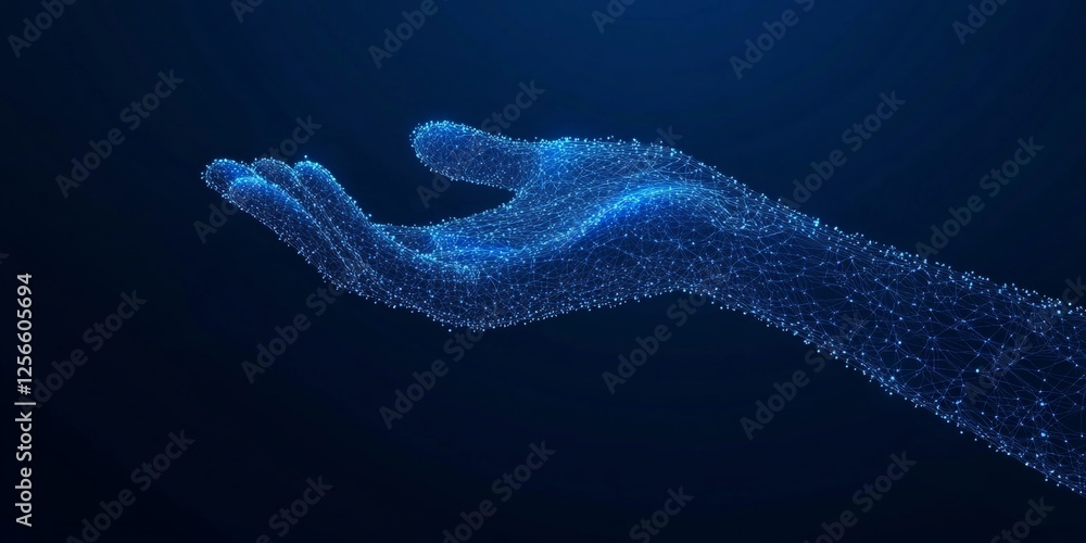 Poster abstract glowing hand formed by network of connected dots and lines on blue background