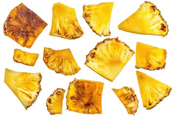 Naklejka premium Isolated chunks of fresh pineapple on a white background