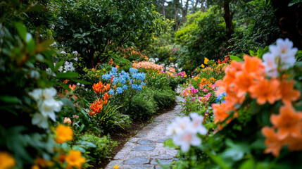 Naklejka premium Lush garden pathway surrounded by vibrant flowers in bloom