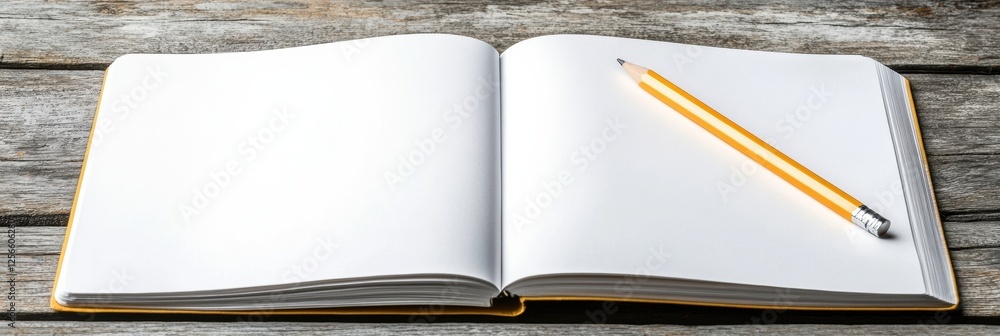 Leinwandbilder Open notebook with pencil on bright wooden desk creating a perfect workspace for writing or drawing. Generative AI