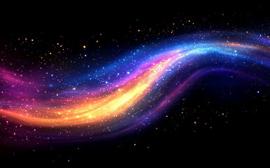 Fototapeta premium Abstract background with swirling cosmic dust and glowing stars on a black backdrop. Colorful galaxy swirls, light particles, and glittering stardust in space for a fantasy or sci-fi design. 