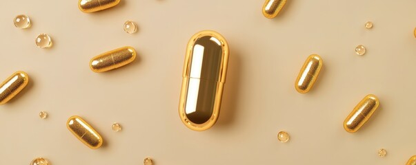 Golden capsules and droplets on beige background