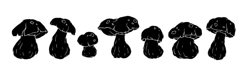 Set of silhouettes, stamps of white mushroom. Vector graphics.