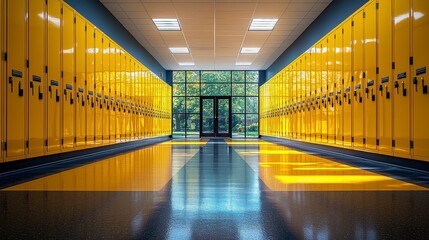 An open locker room area featuring bright yellow lockers under natural light, providing a great contrast and a sense of freshness in the educational environment.
