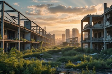 Obraz premium Reviving Urban Ecosystem at Sunrise Post Disaster with Abandoned Buildings and Nature Recovery